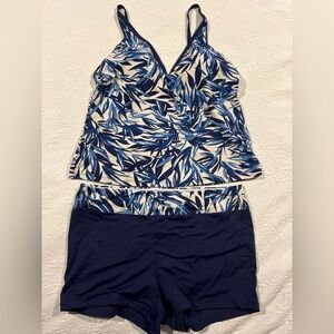 Blue Leaf Print Women's Swim Set